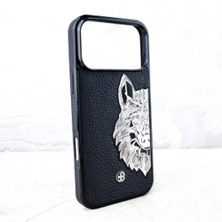 Премиальный чехол iPhone с натуральной кожей волк из металла - Euphoria HM Premium