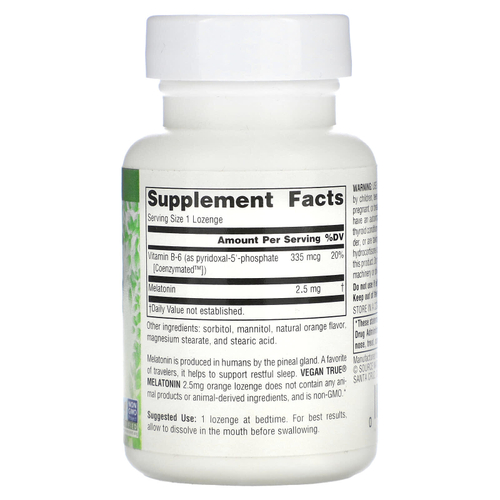 Source Naturals, Истинно Веган, Мелатонин, Апельсин, 2,5 мг, 60 таблеток