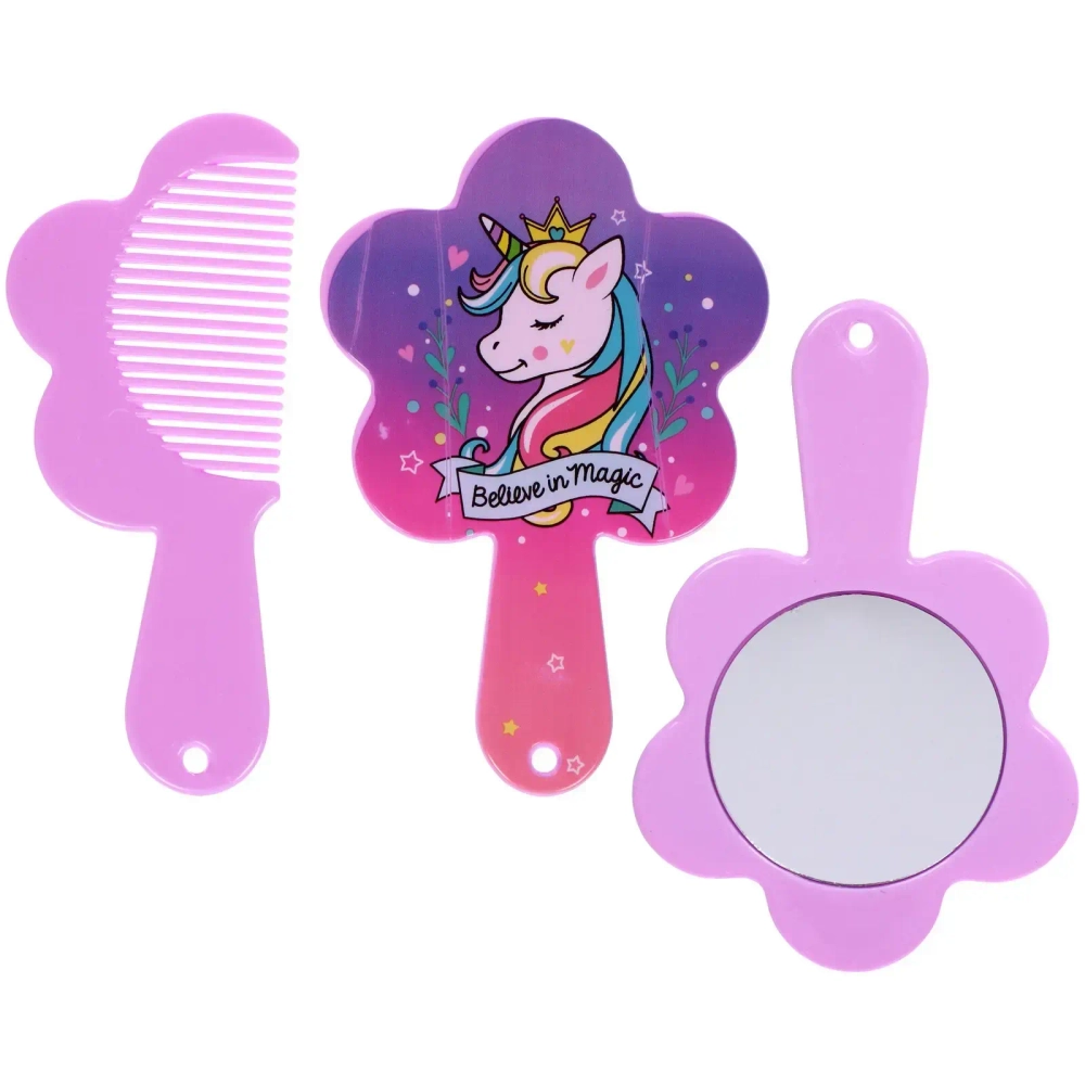Расческа с зеркалом в наборе детские «МИМИШКИ», единорог, цвет розово-фиолетовый, 11см