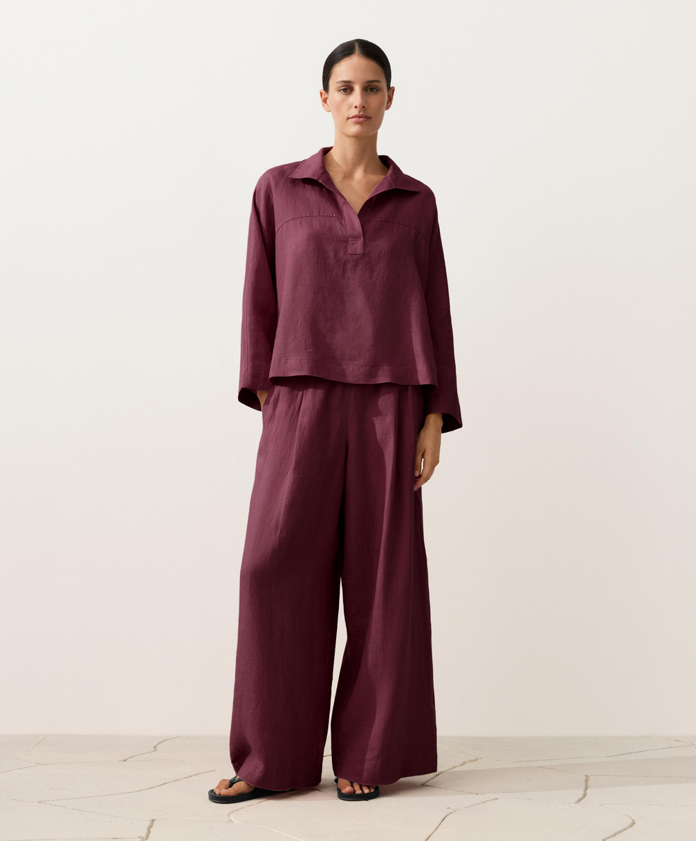 Oysho Рубашка-поло оверсайз с длинными рукавами из 100%-го льна, бордо