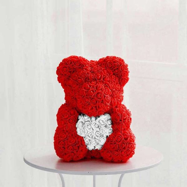 Красный мишка из роз с сердцем, 40 см