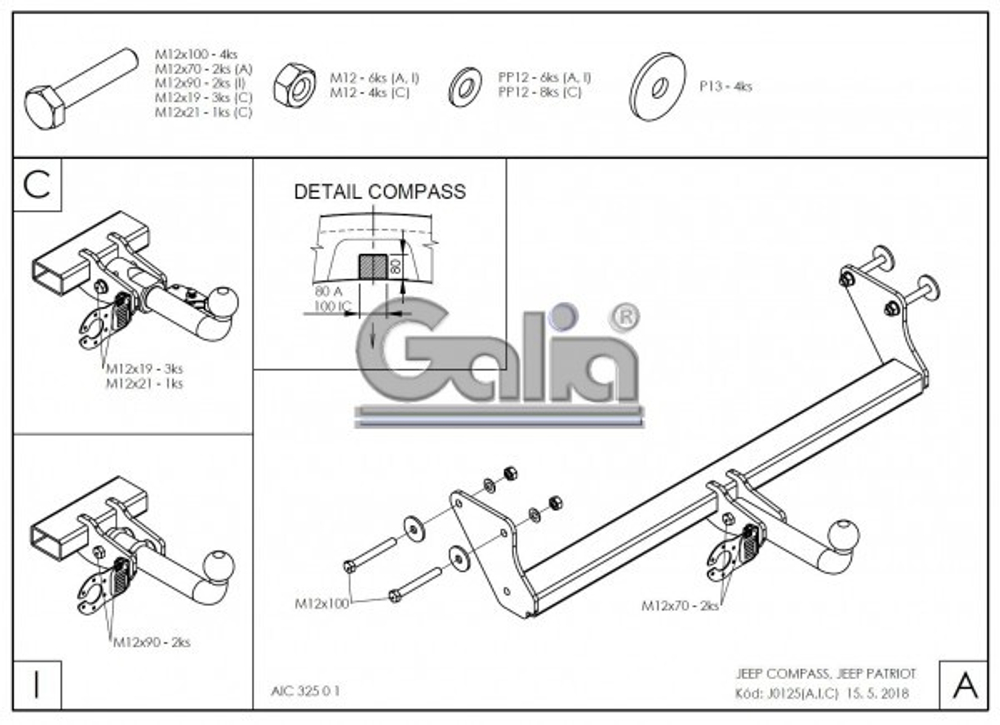 Фаркоп оцинкованный Galia J012A для Jeep Compass MK 2006-2011, Jeep Liberty 2006-2011(паспорт и сертификат в комплекте)(без электрики)