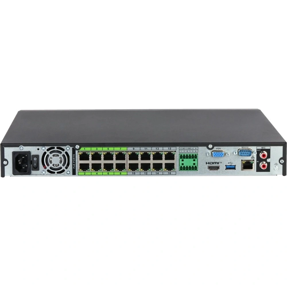 16-канальный IP-видеорегистратор Dahua c PoE до 448Мбит/с; 2 SATA III до 20Тбайт; 1 HDMI (8K), 1 VGA; 1 RJ45 1000Мбит/с, 16 RJ45 100Мбит/с (PoE/PoE+, до 130Вт, ePoE на 1-8 п)