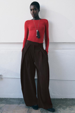 ZARA БРЮКИ WIDE LEG С ЗАЩИПАМИ — ZW COLLECTION, КОРИЧНЕВЫЙ