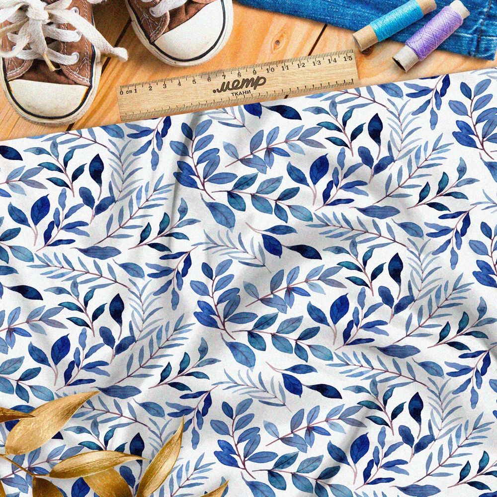 Ткань оксфорд 210 мелкие акварельные листья на белом фоне