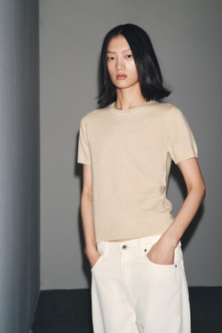 ZARA ДЖЕМПЕР ИЗ 100% КАШЕМИРА С КОРОТКИМИ РУКАВАМИ, ПЕСОЧНЫЙ