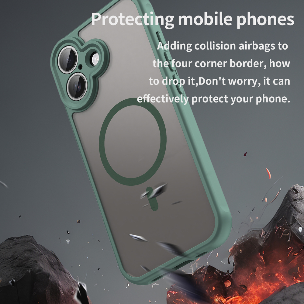 Полупрозрачный матовый чехол с MagSafe для iPhone 17, боковые рамки зеленого цвета