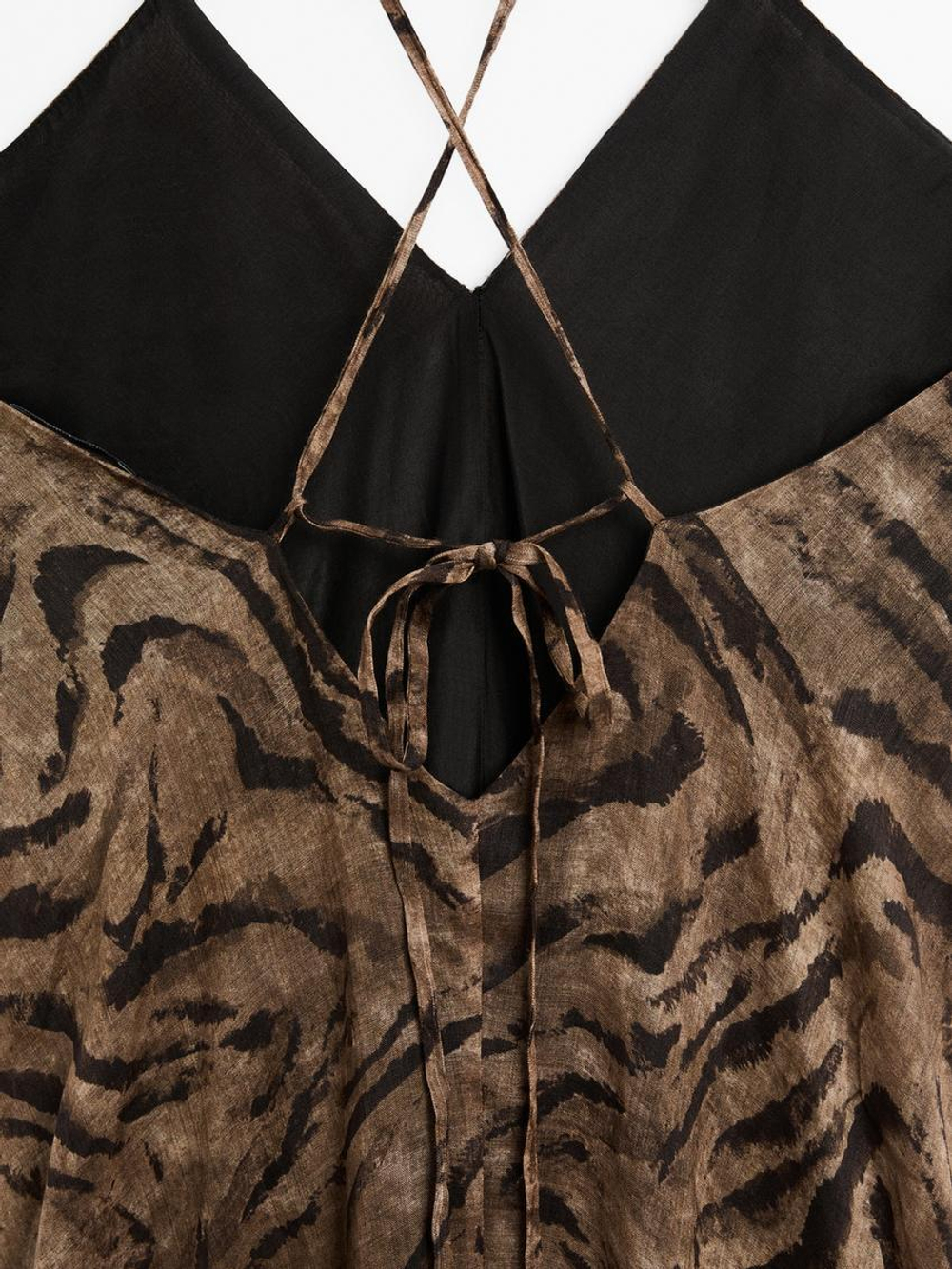 Massimo Dutti Длинное платье из смесовой ткани рами с анималистическим принтом, шоколадный