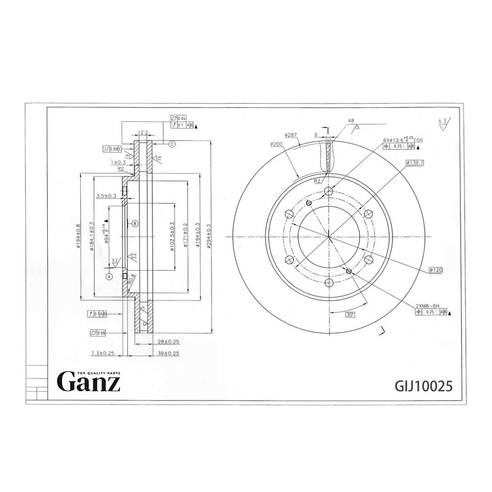 Диск тормозной GANZ передний с покрытием MITSUBISHI L200 2006 / Vent D=294mm Арт.: GIJ10025