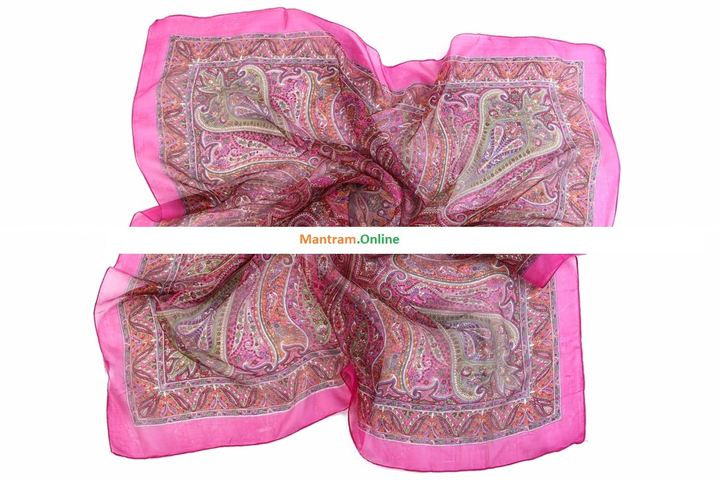 Платок материал Шелк 100% Плотный узор цвет оранжевый хаки сиреневый на розовом с малиновой каймой 100x100см.