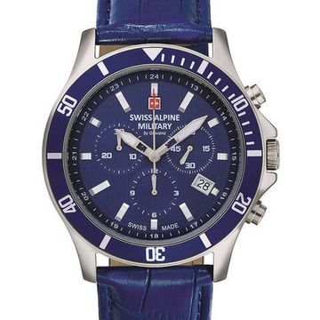 С ремешком Мужские наручные часы с синим кожаным ремешком Swiss Alpine Military 7022.9535 chronograph 42mm 10ATM