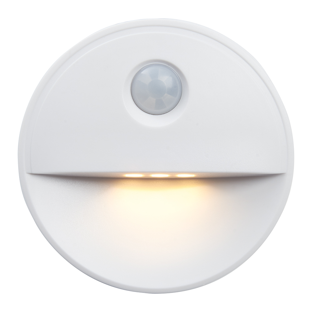 Светильник с датчиком движения и освещенности 2LED 0.5W  3хААА в комплект не входят  3м. IP20. 80*80*25mm. круг. белый. FN1221