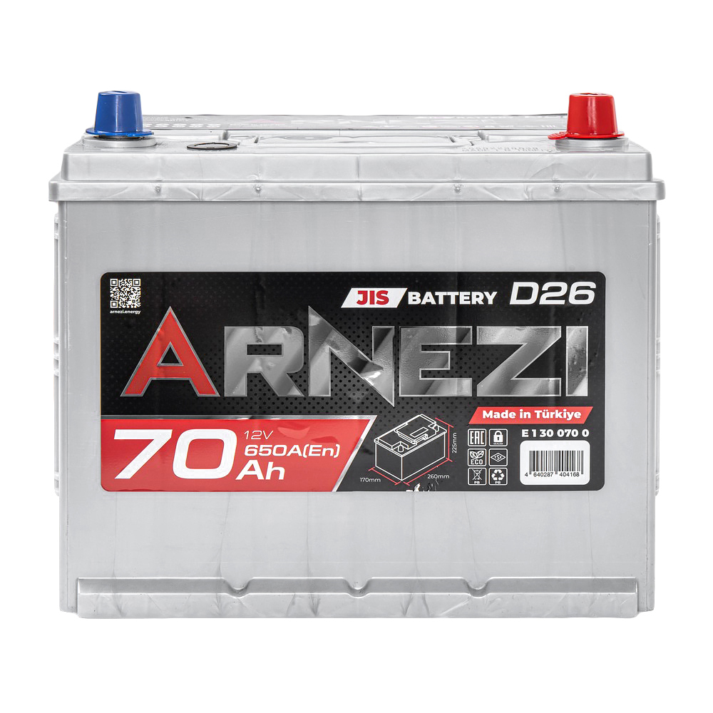 Аккумулятор ARNEZI JIS SMF 70 А/ч обратный R+ 260x170x225 D26 EN 650 А