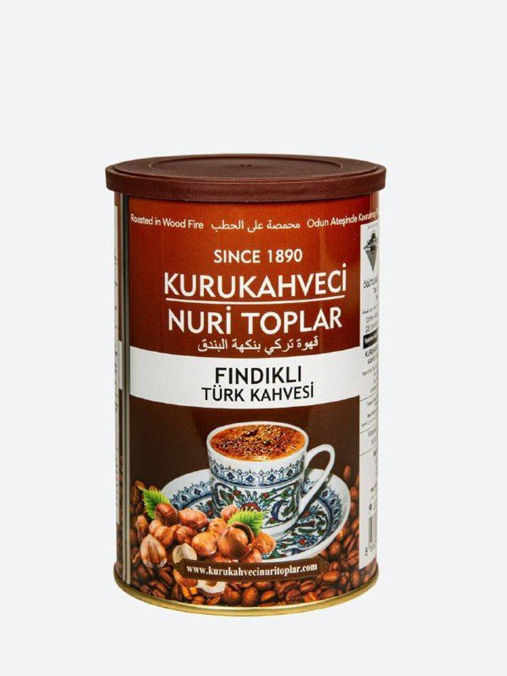 Кофе "MEDIUM KURUKAHVECI" зерновой с фундуком, в жестяной банке, обжаренный на дровах 250 гр/NURI TOPLAR. Турция