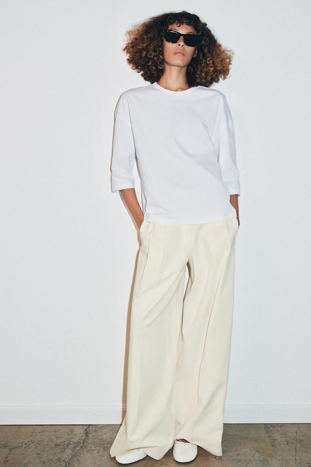 ZARA ФУТБОЛКА В СТИЛЕ РУСТИК С РУКАВАМИ ТРИ ЧЕТВЕРТИ, БЕЛЫЙ