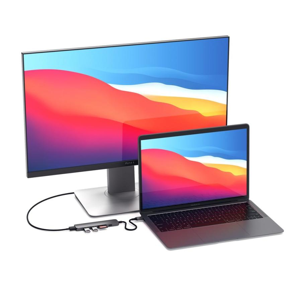 USB-Хаб Satechi Slim Multiport V2 (USB-C) (ST-SCMA2) Подключение: встроенный кабель USB-C. Порты: USB-C (PD 60 Вт), 2 USB-A 3.2 Gen 1, microSD UHS-I, SD UHS-I, HDMI (до 4K 60 Гц)