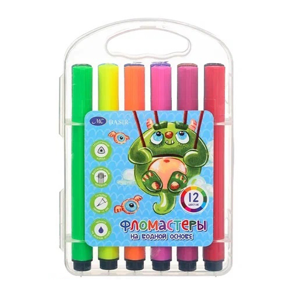 Фломастеры Basir, серия "Монстрики", разноцветные, в прозрачном пластиковом футляре, набор 12 шт