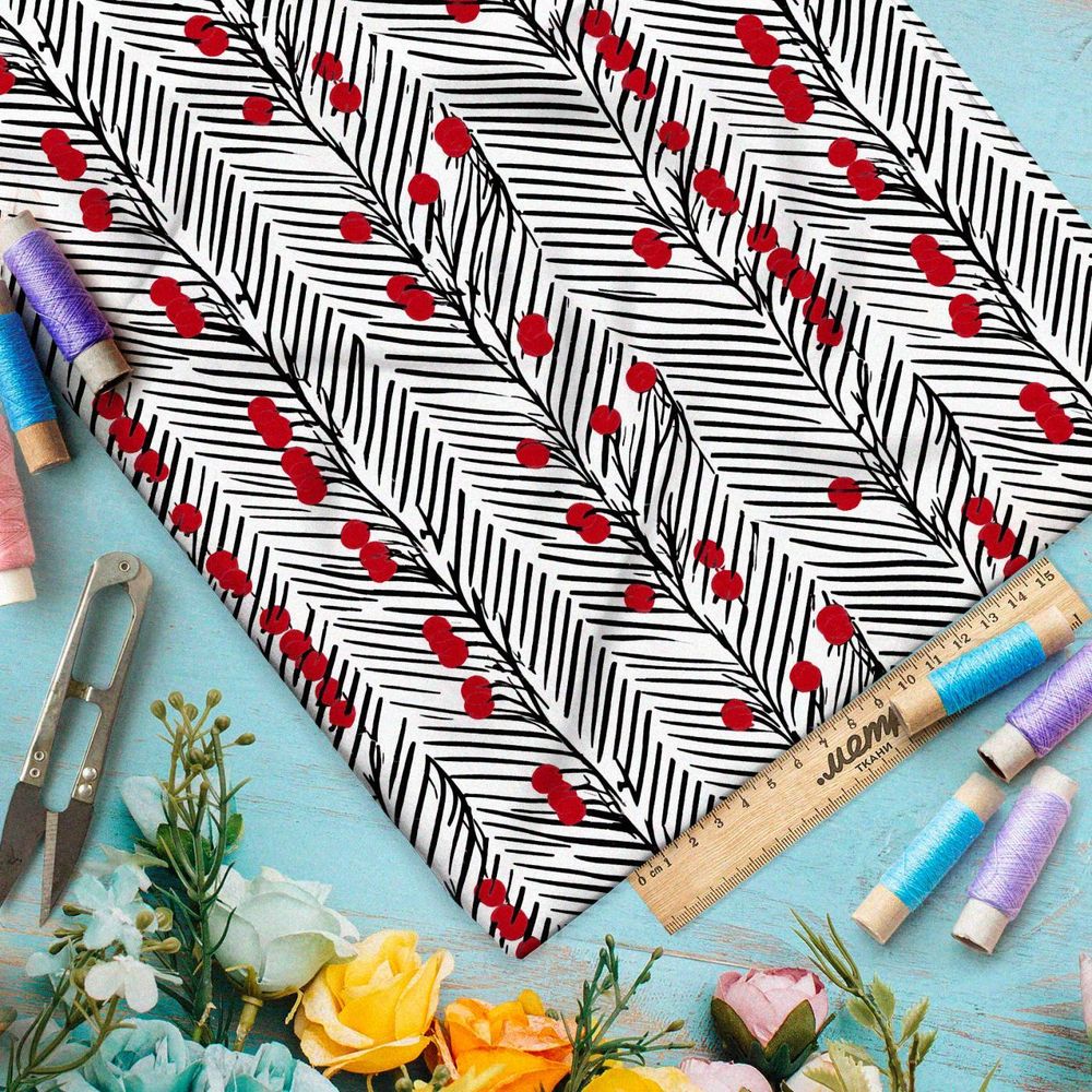 Ткань премиум интерлок красные ягоды в полосках