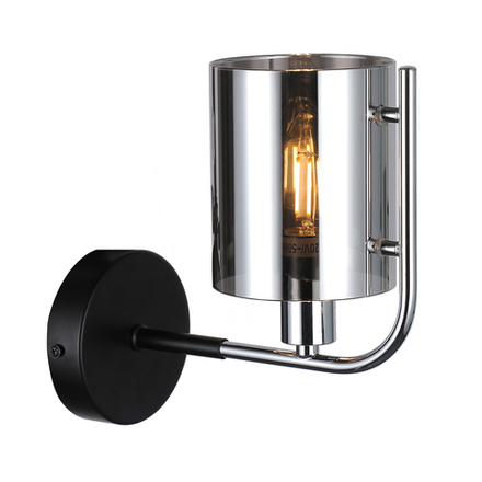 Настенный светильник 1х40Вт E14, металл/стекло, чёрный/хром/дымчатый плафон