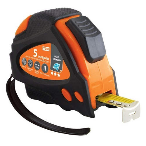 Рулетка 5 м х 19 мм, тройная фиксация, автостоп, обрезиненный корпус, магнит, серия Алмаз TDM SQ1018-0110