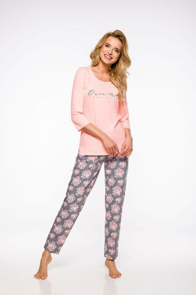 Женская хлопковая пижама Irma с цветочками на брюках (Размер: M) (Цвет: серый с персиковым)