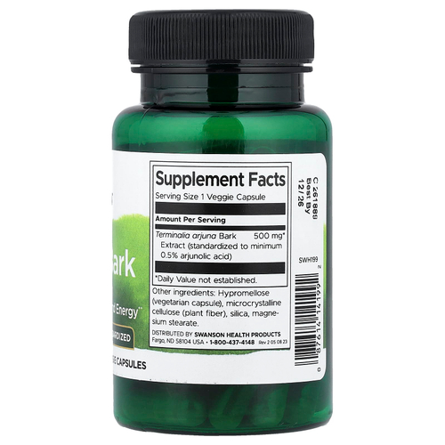 Swanson Vitamins, Кора арджуны, стандартизированный, 500 мг, 60 растительных капсул
