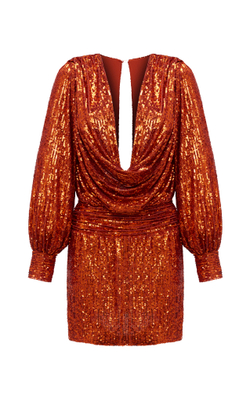 Платье мини из пайеток драпированное с длинными рукавами