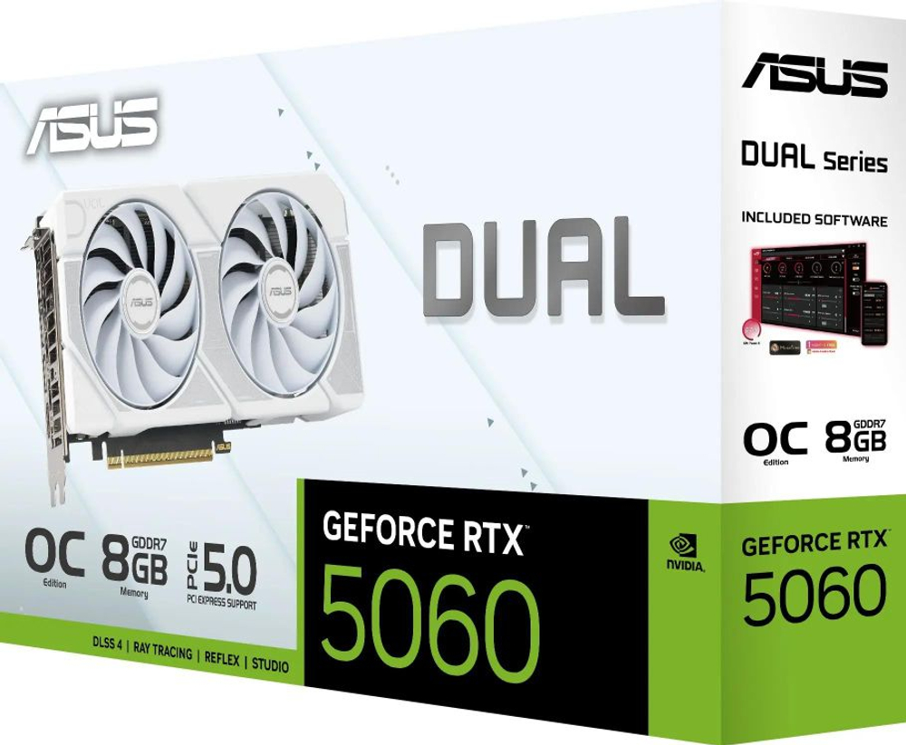 Видеокарта ASUS NVIDIA  GeForce RTX 5060 DUAL-RTX5060-O8G-WHITE 8ГБ Dual, GDDR7, OC,  Ret