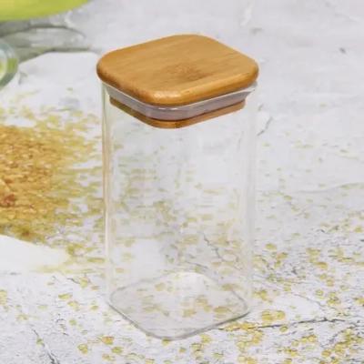 Банка для продуктов стеклянная 300мл «Хай-Тек» с бамбуковой крышкой, квадратная 6*12см