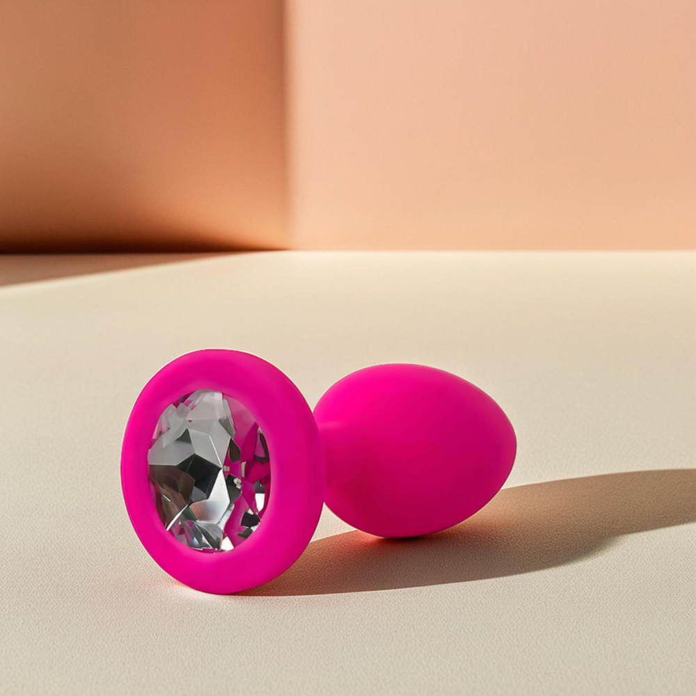 Анальная пробка силиконовая розовая с белым кристаллом Fantasy Toys (S)