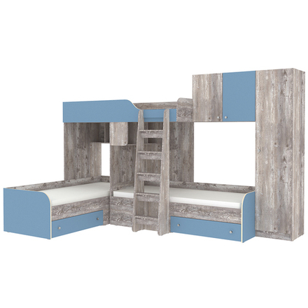 Кровать-чердак КарИВи Трио 2 Бетон Светло-синий, голубой