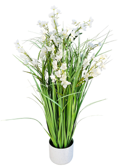 Искусственная Трава с белыми цветами 90см в кашпо