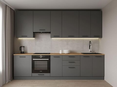 Кухонный гарнитур Антрацит (графит) 3000 мм столешница 38 мм, верхние шкафы 950 мм, ЛДСП, прямая просторная кухня с увеличенным хранением для гостиной и студии