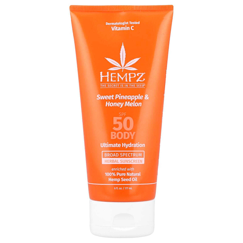 Hempz, Травяное солнцезащитное средство для тела, SPF 50, сладкий ананас и медовая дыня, 177 мл (6 жидк. унц.)