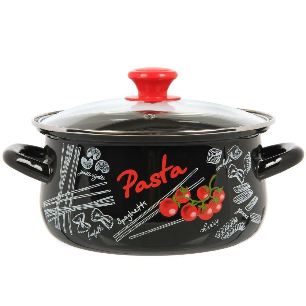Кастрюля эмал сталь, 4 л, с крыш, крышка стекло, с декором, сферическая, Керчь, Болоньезе, 61915-143