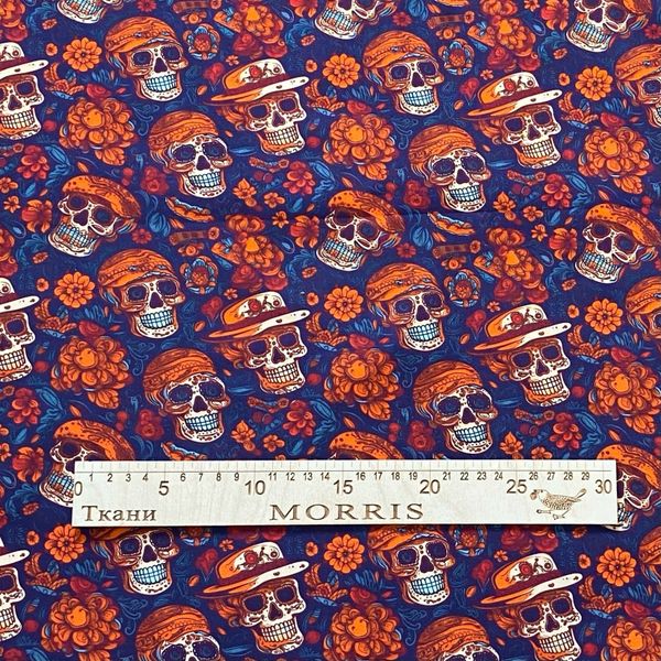 МЕКСИКАНСКИЙ ЧЕРЕП НА ОРАНЖЕВОМ 100% хлопок, Handmade Fabrics 3