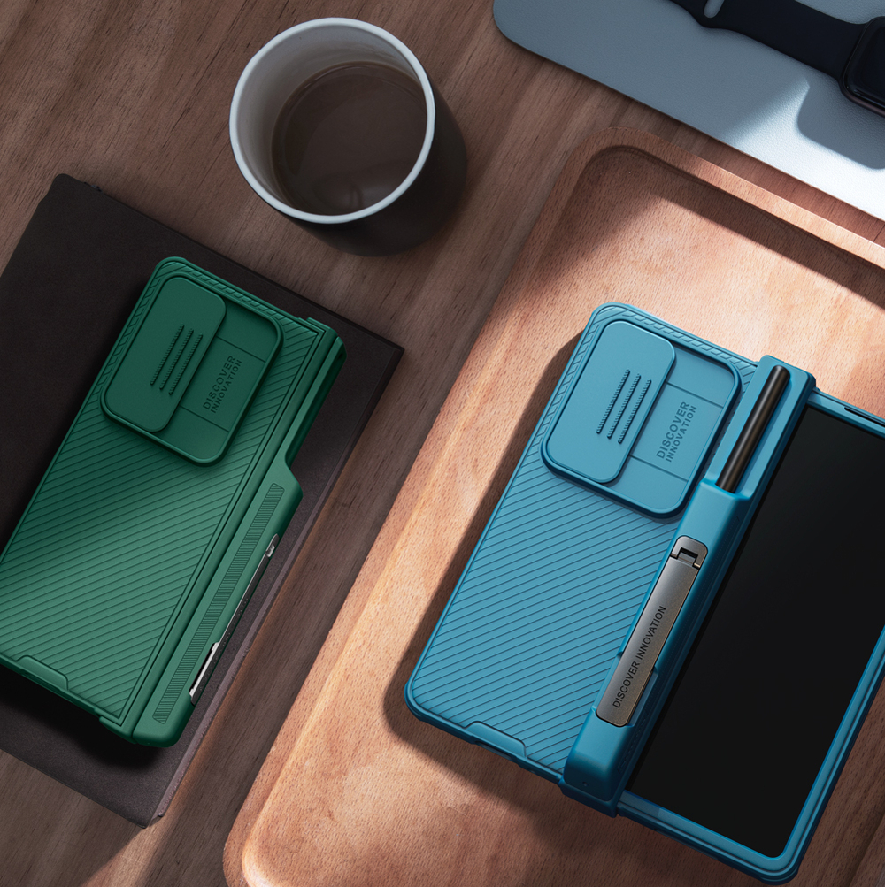 Чехол зеленого цвета (Deep Green) с держателем для S Pen на Samsung Galaxy Z Fold 4 5G от Nillkin, серия CamShield Pro Case, с сдвижной крышкой для камеры