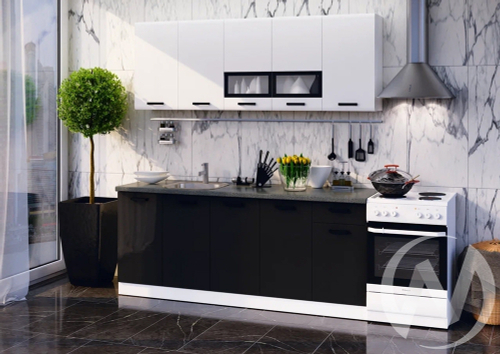 Кухня Рио 2;0м (белый/белый глянец холодный; черный глянец/кастилло темный)