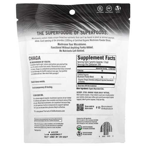Om Mushrooms, Чага, сертифицированный органический грибной порошок, 200 г (7,05 унции)