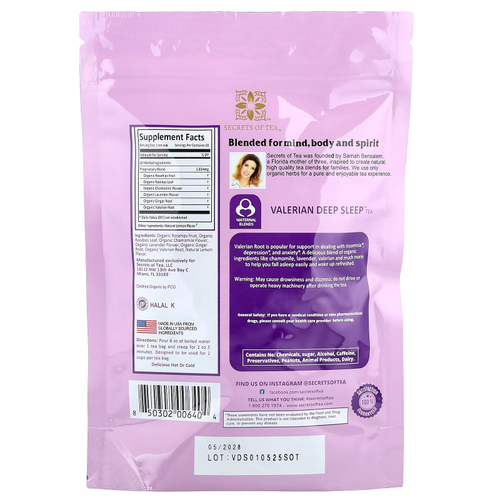 Secrets of Tea, органический чай валериана Deep Sleep™, без кофеина, 20 чайных пакетиков, 40 г (1,4 унции)