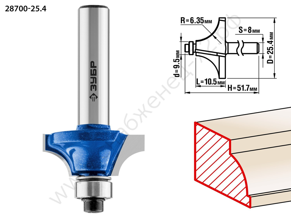 Кромочная калевочная фреза ЗУБР Профессионал №1, 25.4x10.5 мм, радиус 6.3 мм