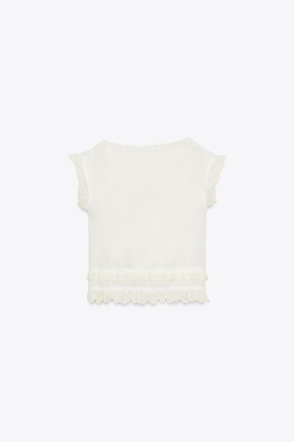 ZARA УКОРОЧЕННЫЙ ТОП ИЗ МАРЛИ С ВЫШИВКОЙ И БАНТОМ, ЭКРЮ