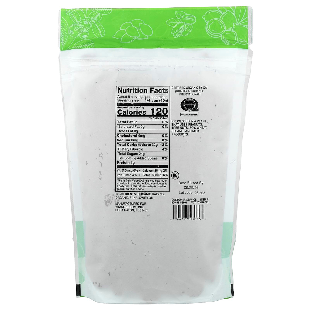 Vitacost, Certified Organic Thompson Raisins, 13 oz (369 g)