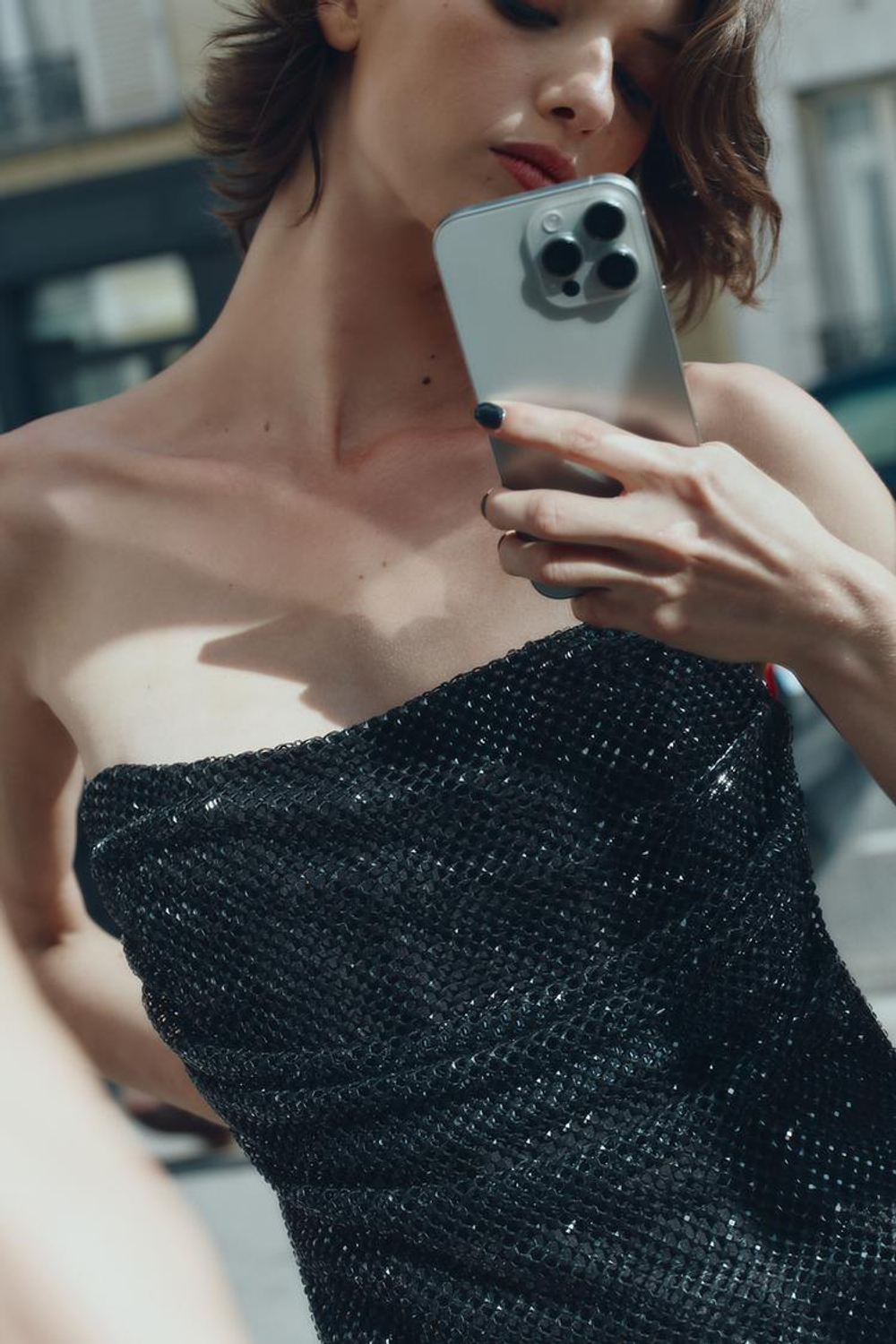 ZARA СЕТЧАТЫЙ ТОП С БУСИНАМИ, ЧЕРНЫЙ