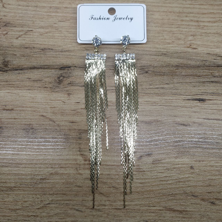 Серьги англ.заст. Bogema Кристалл круг подвеска прямоугольник 2 ряда страз цепочки жгутики металл золотистый желтый