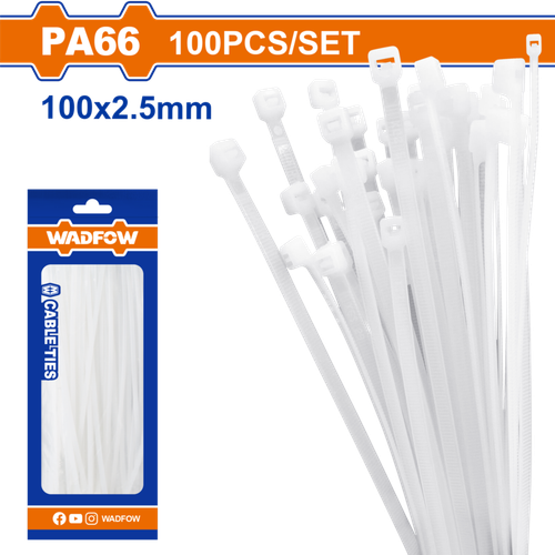 Кабельные стяжки белые 2.5х100 мм 100 шт (125/500) WADFOW WTE310025