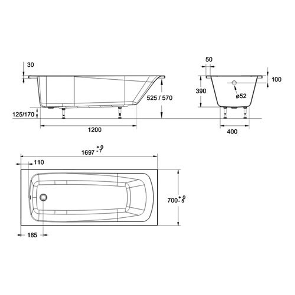 Акриловая ванна Jacob Delafon Patio 170x70 E6812RU-01 схема