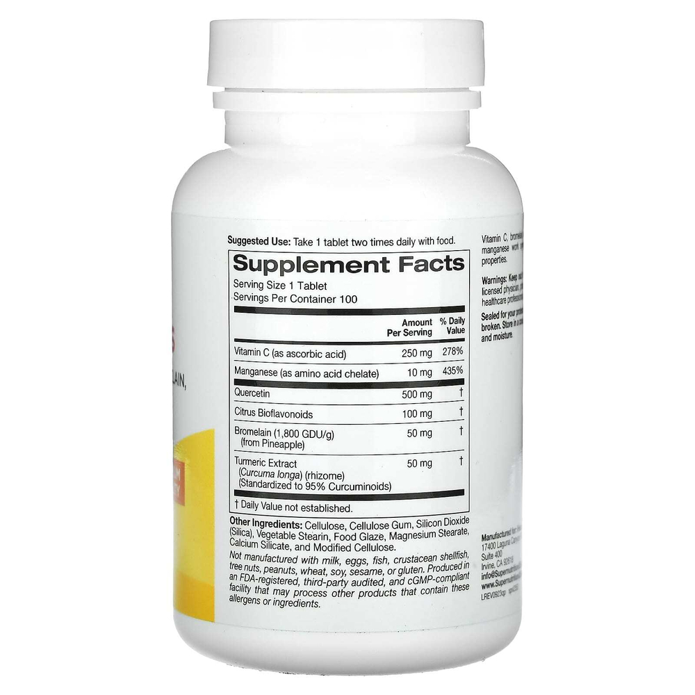 Super Nutrition, Quercetin Plus с кверцетином, витамином C, цитрусовыми биофлавоноидами, бромелаином и куркумой, 100 таблеток