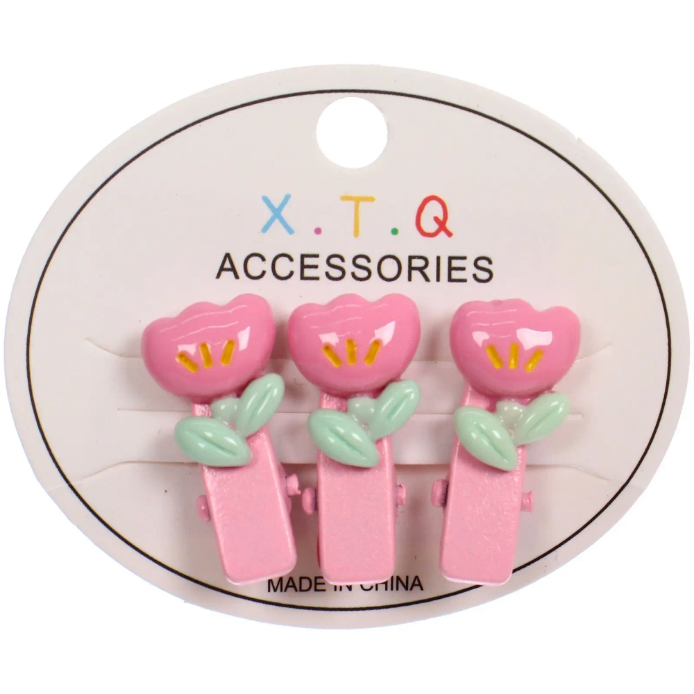 Зажимы для волос детские 3шт «РОЗОВОЕ ОБЛАКО», тюльпаны, 2.5см (блистер и пакет с подвесом)