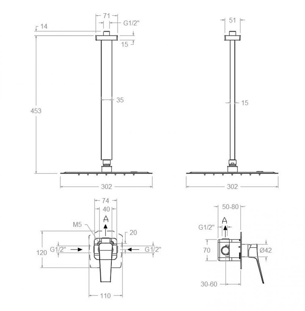 Встраиваемый смеситель для душа на 1 выход с тропическим душем PRISMA K4218012OC золото